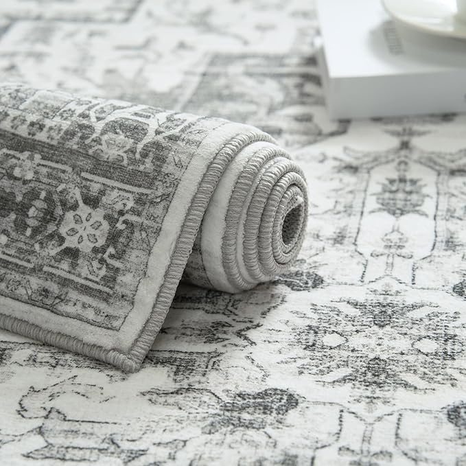 jinchan Runner Rug 2x5 Vintage Hallway Boho Washable Floral Kitchen Runner Rug Retro Accent Non Slip Tribal Distressed Soft Carpet for Bedroom Bathroom Laundry Room Doorway Grey