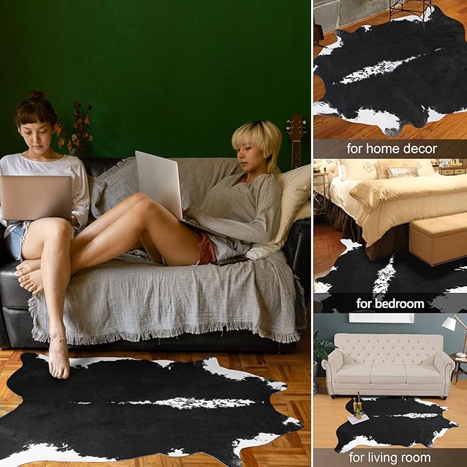 AROGAN Faux Cow Hide Rug, Premium Cow Print Rug Animal Area Rug for Western Decor, Cowhide for Bedroom, Living Room, Cute Decor Black and White, 6.2 x 7 Feet