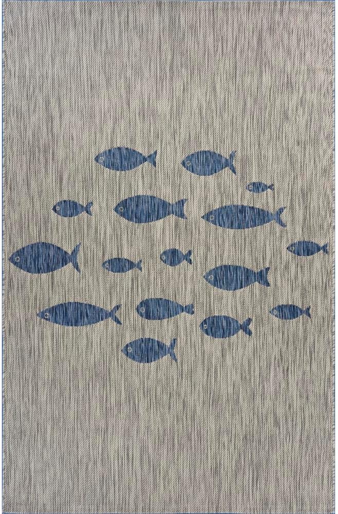 LR Home 8 x 10 Indoor / Outdoor Area Rug for Home Decor | Coastal School of Fish large size carpet for living room, bedroom, playroom, patio, garden | Modern farmhouse rug | Gray / Navy