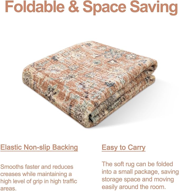 LIVEBOX 2x3 Washable Rug - Small Entryway Rug Indoor Door Mat Boho Low-Pile Indoor Rugs for Kitchen, Terracotta Distressed Doormat Non-Slip Retro Carpet for Bathroom Laundry Room