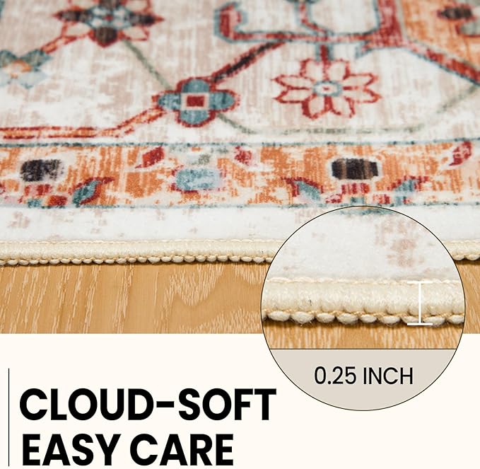 Washable 8x10 Area Rugs, Rugs for Living Room, Low-Pile Water&Stain Resistant Carpet Vintage Distressed Printed Non-Slip Carpet for Bedroom Bathroom Kitchen-Yellow/Brown
