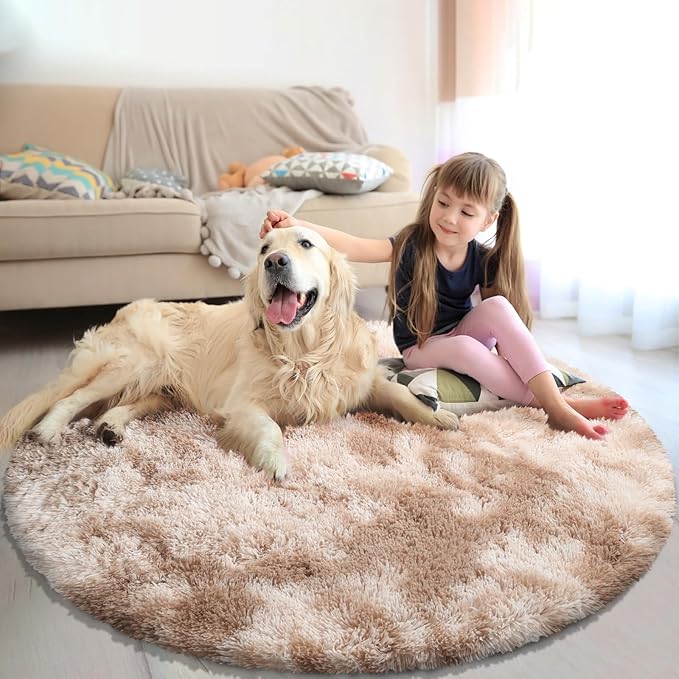 Tie-dye Beige Fluffy Round Rug,Soft Area Rugs for Girls Room,Shaggy Rugs 4'X4' for Living Room,Non Slip Circle Rug for Kids Bedroom,Shag Plush Nursery Carpets,Fuzzy Rug for Dorm,Room Decor Carpet