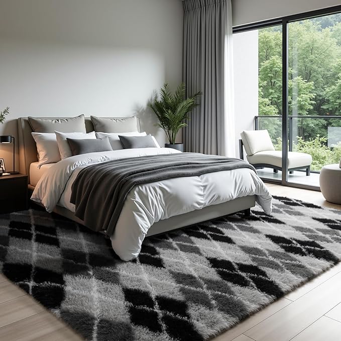 Zentavio Area Rugs for Living Room Large Rugs for Bedroom 6x9 Carpet Fluffy Fuzzy Soft Shag Aesthetic Plush High Pile Gray Throw Rug for Nursery Kids Room Dorm Diomond Black