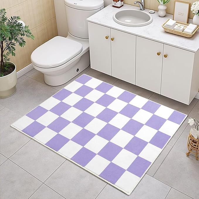 Terrug Purple and White Small Checkered Rug for Bedroom, 2x3 Soft Washable Rug with Non Slip Backing, Low Pile Throw Carpet for Entryway Hallway Kitchen Laundry Room