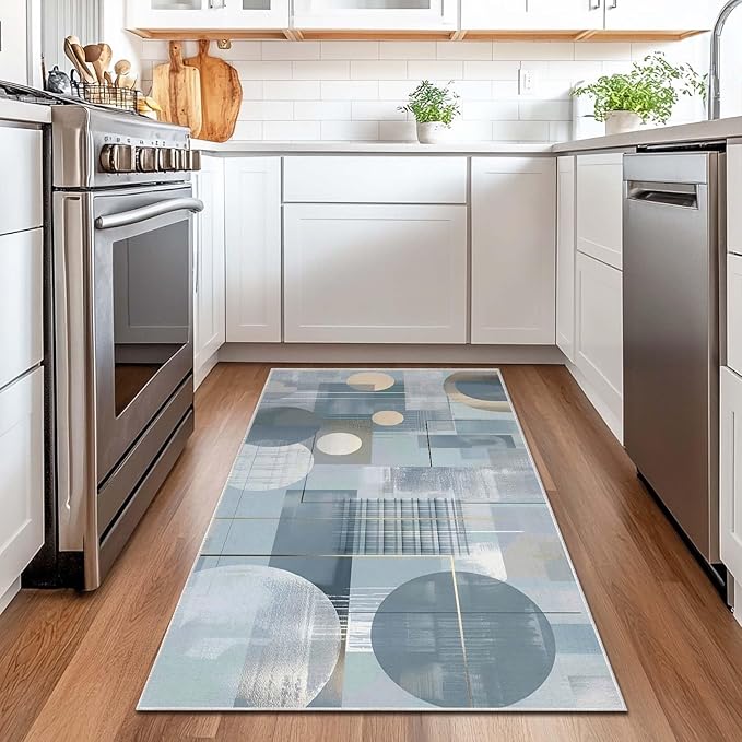 3x5 Entryway Rug Abstract Minimalist Circle Blue Small Area Rug Bedroom Bedside Thin Carpet Bathroom Non Slip Indoor Entrance Low Pile Door Mat Kitchen Stain Resistant Washable Machine