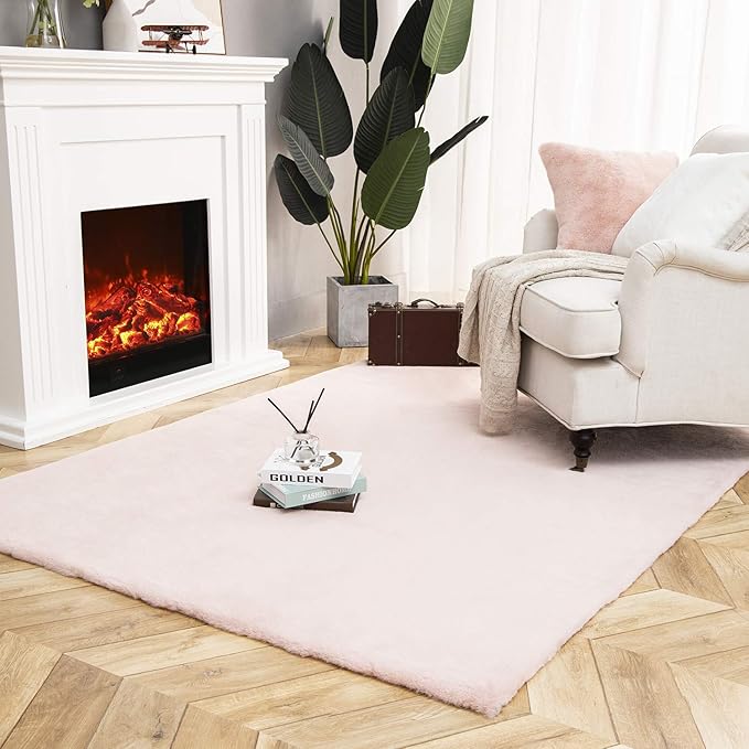 Ashler Faux Fur Rug, Ultra Soft Faux Rabbit Fur, Pink Area Rugs, 5 x 7 Feet Rectangle, Machine Washable Nursery Decor Throw Rugs for Bedroom, Kids Room, Living Room