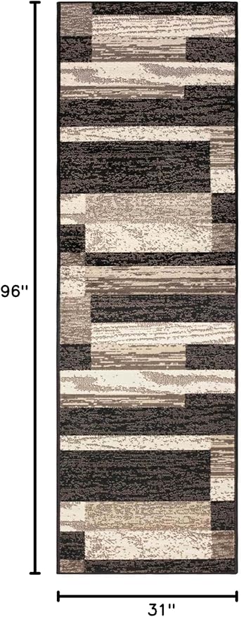 Superior Indoor Runner Rug, Jute Backed, Modern Geometric Patchwork Floor Decor for Bedroom, Office, Living Room, Entryway, Hardwood Floors, Rockwood Collection, 2' 7" x 8', Chocolate