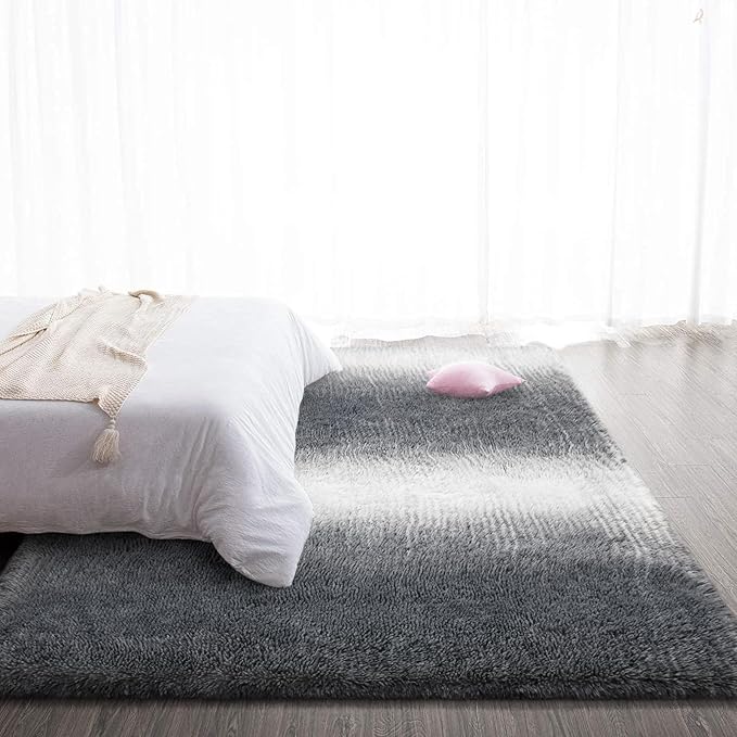 TWINNIS Super Soft Shaggy Rugs Fluffy Carpets, 8x10 Feet, Indoor Modern Plush Area Rugs for Living Room Bedroom Kids Room Nursery Home Decor, Upgrade Anti-Skid Rectangular Fuzzy Rug, Grey White