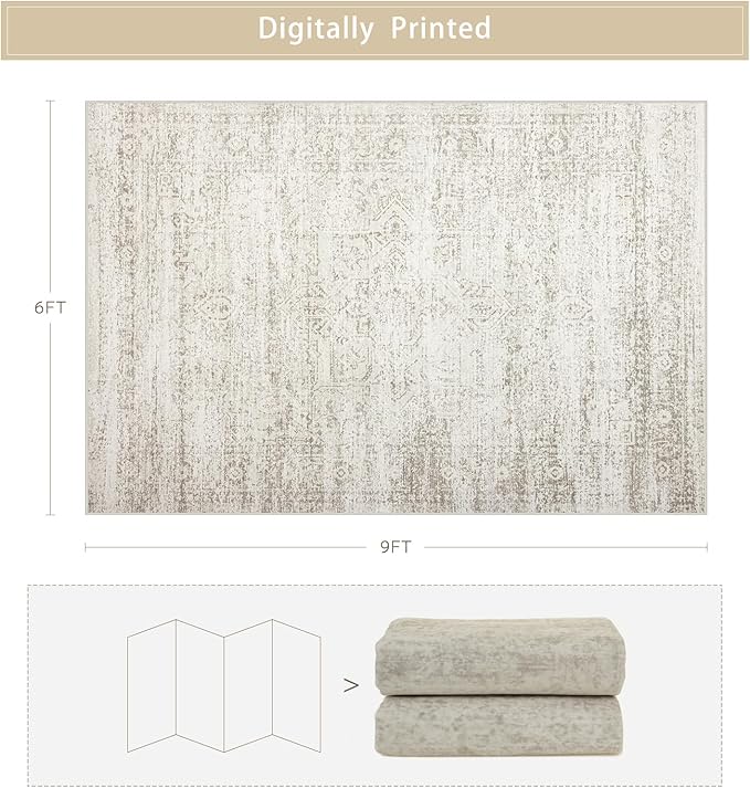 Washable Rugs 6x9 Area Rugs for Living Room,Rugs for Bedroom, Large Carpets,Ultra Soft Faux Wool Retro Dining Room Rug,Non Slip&Non-Shedding Low Pile Vintage Print Rug Indoor for Home Office