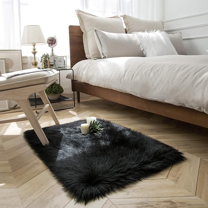 Ashler Faux Fur Rug, Fluffy Shaggy Area Rug Ultra Soft 2 x 2.9 Feet Rectangle Fur Rug Black Fuzzy Rug Machine Washable Shag Rug, Nursery Decor Throw Rugs for Bedroom, Kids Room, Living Room