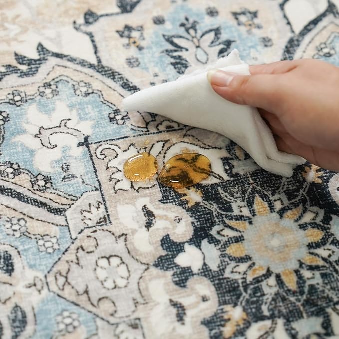 Washable Area Rug 9x12 - Living Room Farmhouse Vintage Oriental Rug Large Distressed Non-Slip Stain Resistant Carpet for Bedroom Dining Room Home Office (9x12 Blue/Cream)