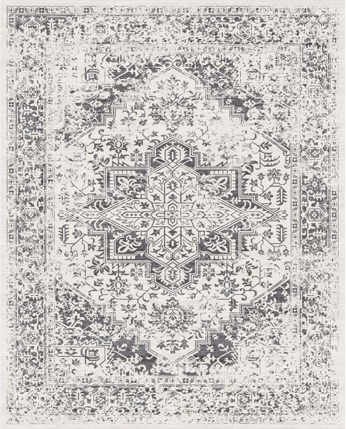 10x14 Large Area Rug - Vintage Washable Rug for Living Room with Non-Slip Low-Pile Traditional Medallion Border Rugs with Stain Resistant Foldable Retro Accent Indoor Thin Carpet