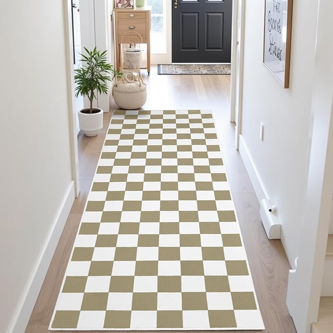 Terrug Beige and White Checkered Runner Rug for Bedroom, 2x6 Soft Washable Rug with Non Slip, Low Pile Stain Resistance Carpet for Entryway Hallway Kitchen Laundry Living Room