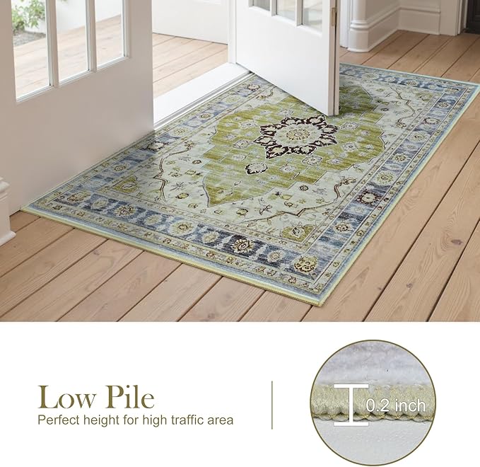 Vintage 3x5 Rug, Entryway Rug with Non Slip Backing, Soft Washable Area Rug for Indoor Entry, Low Pile Stain Resistant Non-Shedding Carpet for Bedroom, Living Room, Entryway, Green