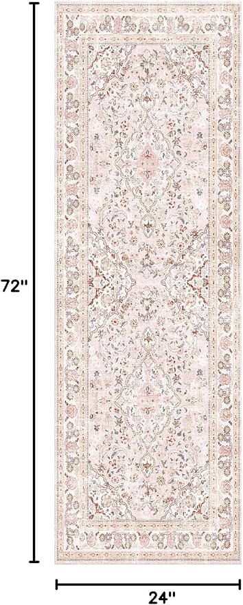 Vhong Pink Area Rugs Washable Boho Vintage Modern Neutral Runner 2×6 Carpet for Kitchen Hallway Living Room Girls' Room Nursery Room Non Slip