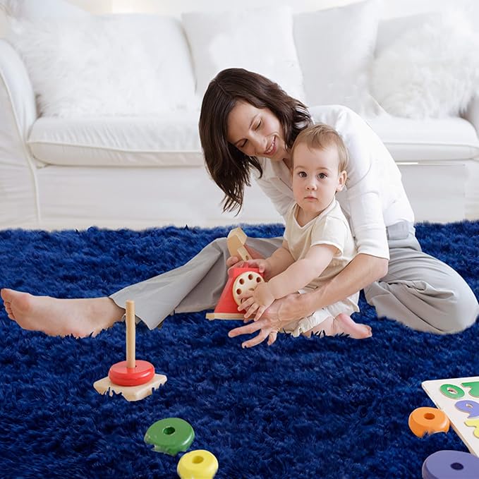 CAIYUECS Blue Shag Area Rug,Indoor Ultra Soft Plush Rugs for Bedroom Living Room, Non-Skid Modern Nursery Faux Fur Rugs for Kids Room Home Decor (5x7 Feet, Navy Blue)
