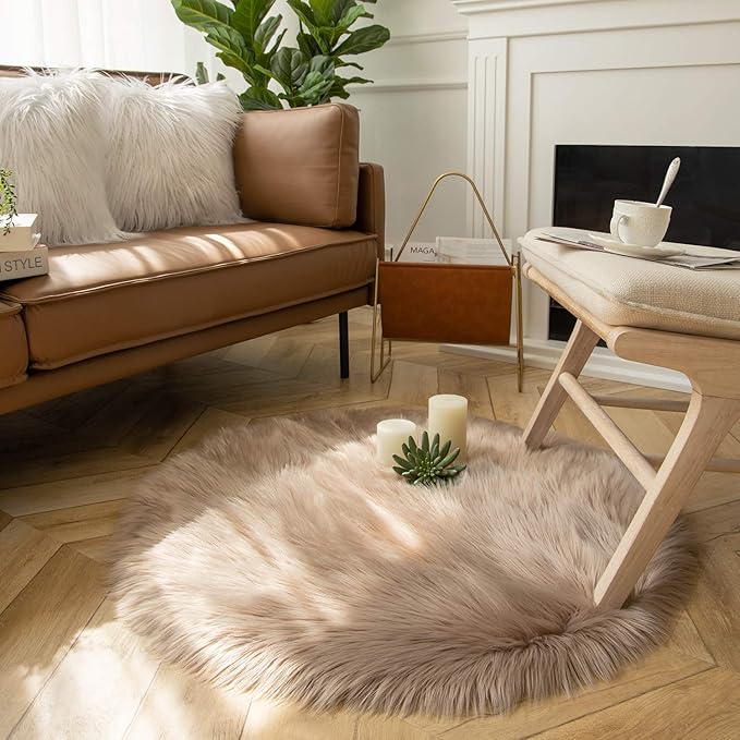 Ashler Faux Fur Beige Round Area Rug Indoor Ultra Soft Fluffy Bedroom Floor Sofa Living Room 35" x 35"