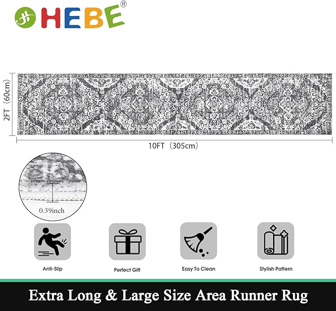 HEBE Hallway Runner Rug 2'x10' Washable Vintage Distressed Area Rugs Non Slip Laundry Rug Runner Boho Floor Carpet Runners for Hallways Entryway Laundry Room Kitchen Bathroom