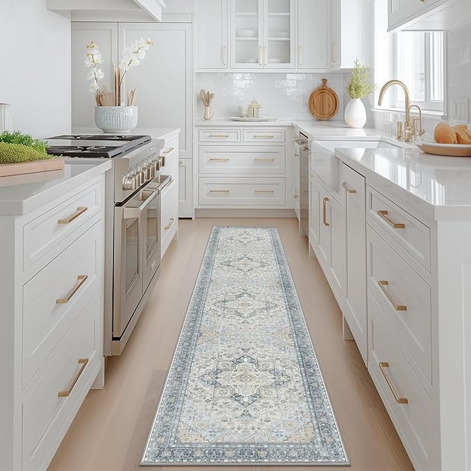 Area Rug 6x9 Machine Washable Vintage Distressed Print Blue Floral Medallion Accent Bedroom Living Room Hallway Entryway Throw Rug, Ultra-Thin Lightweight Non Slip with Gripper