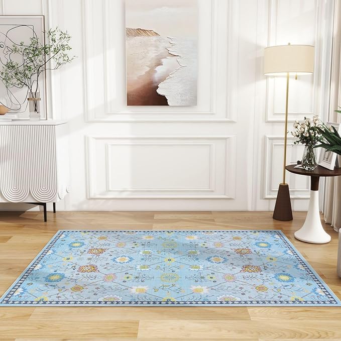 Syalife 3x5 Area Rugs, Non Slip Washable Low Pile Rugs for Living Room, Kitchen, Hallway, Bedroom Bedside, Kids Room, College Dorm (Blue Floral, 3'x5')