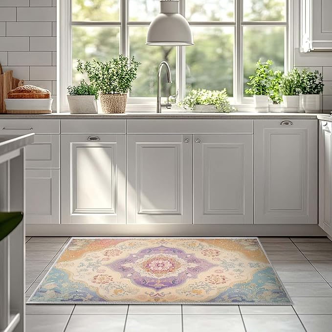 2x3 Entryway Rugs Machine Washable Rug Boho Orange Yellow Blue Purple Area Rug Non-Slip Low Pile Door Mat Entrance Small Carpet for Home Kitchen Bathroom Bedroom