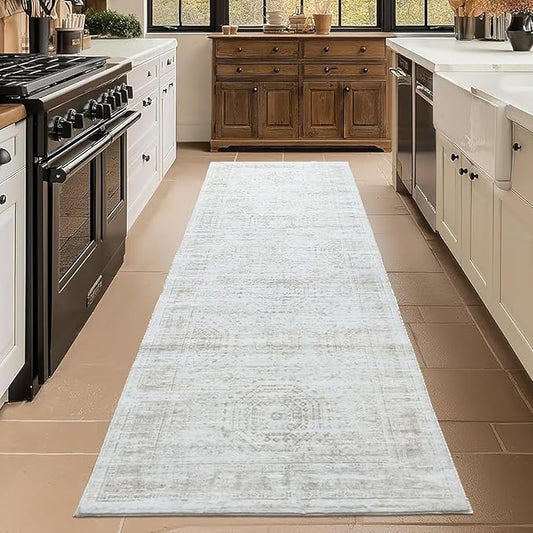 Bohemian Rugs for Entryway, Runner Rug 2x6 Non Slip Machine Washable Boho Hallway Runner Rug, Low Pile、Corridor and Kitchen Aqua and Multi Color Beige Color