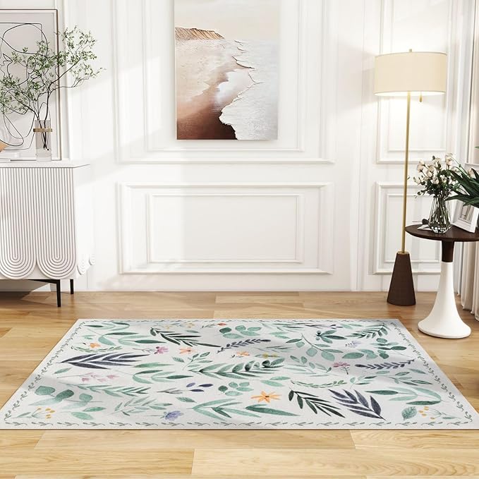 Syalife 3x5 Area Rugs, Non Slip Washable Low Pile Rugs for Living Room, Kitchen, Hallway, Bedroom Bedside, Kids Room, College Dorm (Green Leafy, 3'x5')