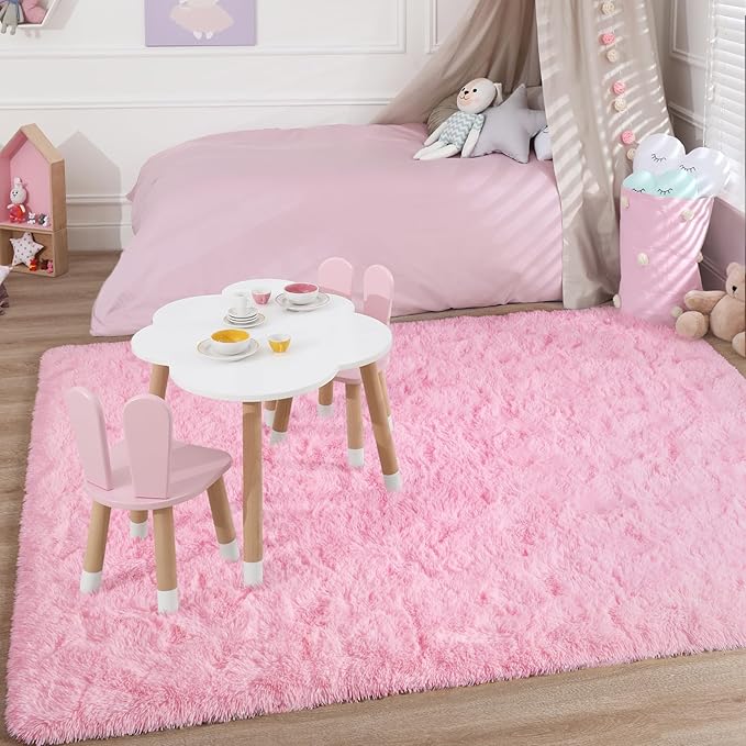 YJ.GWL Area Rugs for Living Room Bedroom, 6x9 Machine Washable Large Pink Carpet, Soft Fluffy Shaggy Thick Big Shag Indoor Floor Rug for Kids Boy and Girls Room Dorm Home Decor Aesthetic