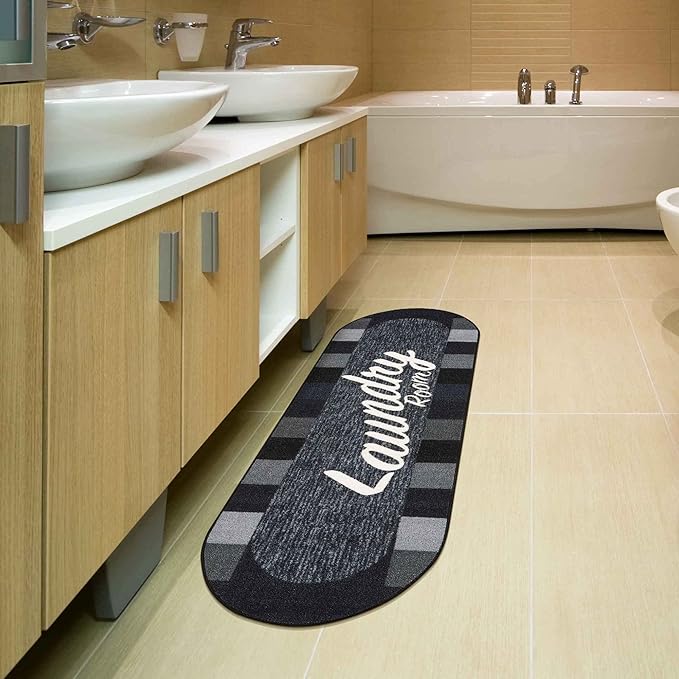 Machine Washable Checkered Border Laundry Room Rug Non-Slip Rubberback 2x5 Laundry Runner Rug for Laundry Room, Bathroom, Washroom, 20" x 59" Oval, Black