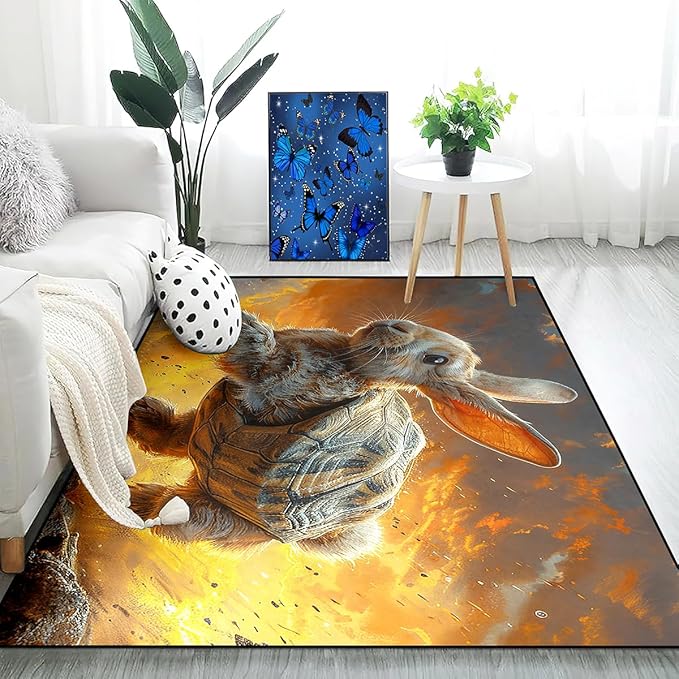 Rabbit Rug for Room - Rabbit Tortoise Shell Rug for Kids Girls Boys Lovely Animal Theme Carpet Rugs, 47" L x 31" W