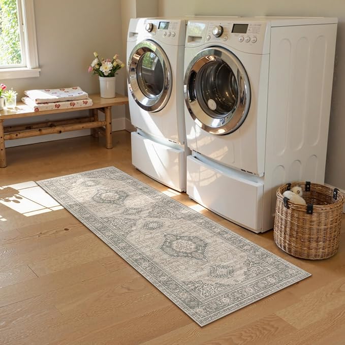 Lahome Oriental Kitchen Runner Rug, 2x6 Washable Rug Runners for Hallway 6 Feet Non Slip, Vintage Soft Long Carpet for Laundry Room Bedside Entryway, Grey/Brown