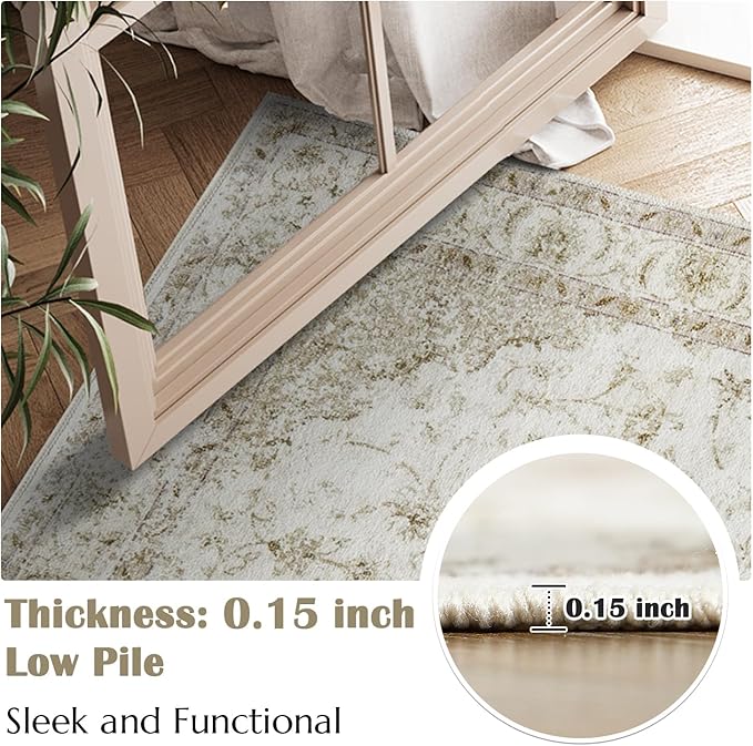 jinchan Kitchen Runner Rug 2x6 Vintage Floral Machine Washable Hallway Rug Non-Slip with Rubber Backing Ultra-Thin Low Pile Carpet Runner for Entryway Bedroom Laundry Room (2x6ft,Taupe)