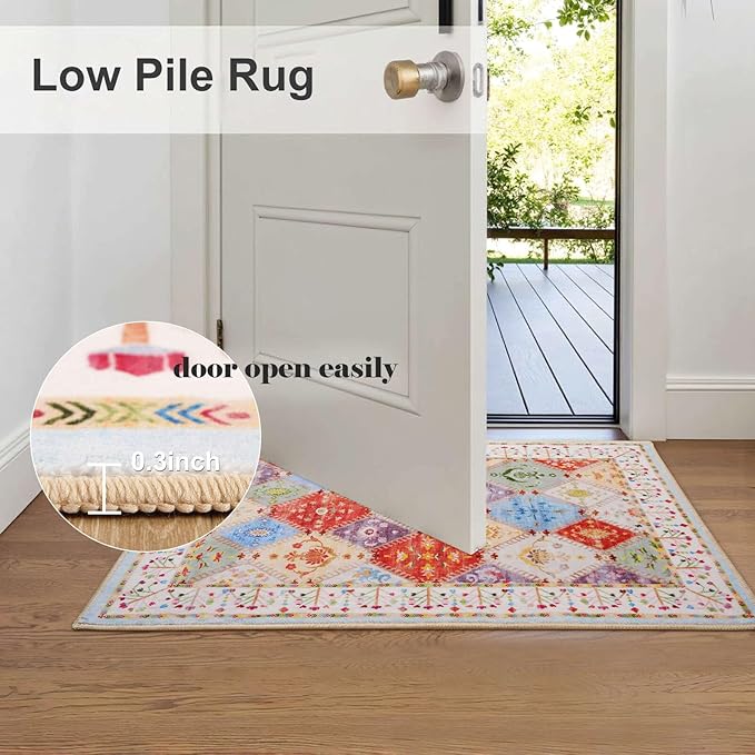 2x3 Small Washable Area Rug for Entryway, Boho Non-Slip Indoor Kitchen Rugs, Moroccan Floral Trellis Carpet Soft Low Pile Vintage Throw Mat for Bedroom Bathroom Front Door, Cream