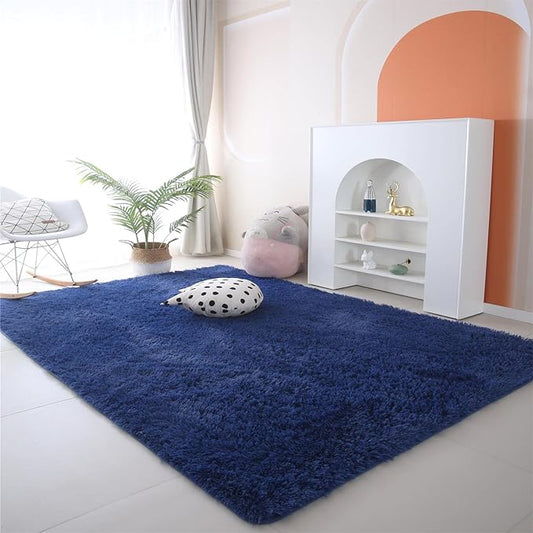 CAIYUECS Shag Area Rug,Indoor Ultra Soft Fluffy Plush Rugs for Bedroom Living Room, Non-Skid Modern Nursery Faux Fur Rugs for Kids Room Home Decor (6x9 Feet, Navy Blue)