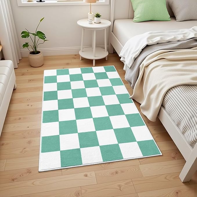 Terrug Green and White Small Checkered Rug for Bedroom, 2x3 Soft Washable Rug with Non Slip Backing, Low Pile Throw Carpet for Entryway Hallway Kitchen Laundry Room