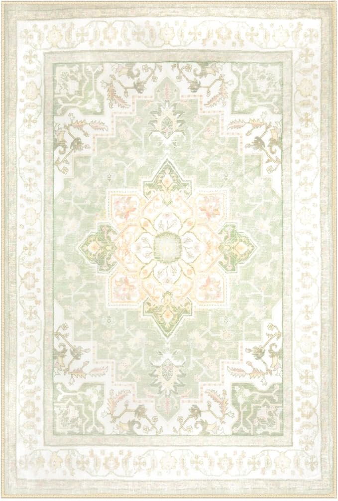 BESTSWEETIE 9x12 Area Rugs for Living Room, Washable Ultra Soft Boho Vintage Print Pattern Rug Non Slip Low Pile Carpet for Dining Room Bedroom Entryway Indoor-Light Green
