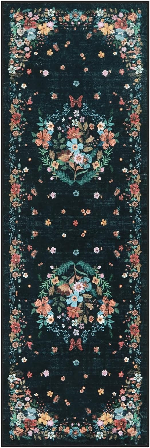 Black Runner Rug for Entryway Indoor, 2x6 Floral Washable Rug with Rubber Backing for Hallways, Bedroom, Kitchen, Laundry, Bedside