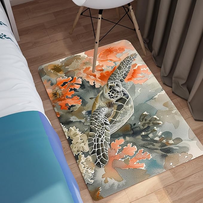 Sea Turtle Carpet Rug - Kids Coastal Rugs for Bedroom Ocean Life Theme, 35" L x 23" W
