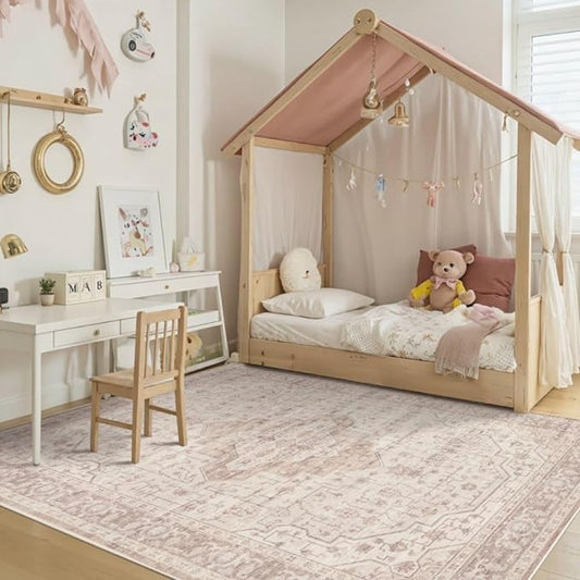 4x6 Washable Area Rug for Living Room & Bedroom, Soft Pink Rugs for Girls Women, Non Slip, Durable Low Pile Carpet, Vintage Carpets for Office, Dining Room, Kids Room and Farmhouse