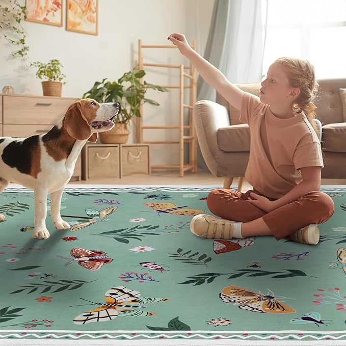 ASPMIZ Insect Area Rug 3X5, Green Bedroom Rug Non Slip, Spring Summer Washable Rug Farmhouse Butterfly Living Room Rugs Low Pile, Soft Faux Wool Throw Carpet for Entryway, Office, Nursery, Green