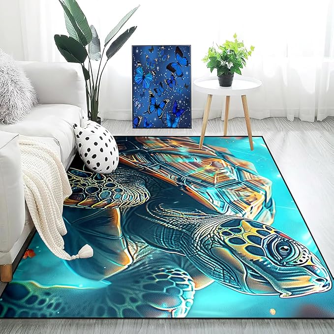 Sea Turtle Rug for Bedroom - Sea Turtle Ocean Animal Prints Carpet Rug for Kids Boys Underwater Ocean Theme Decor, 5x7 Feet