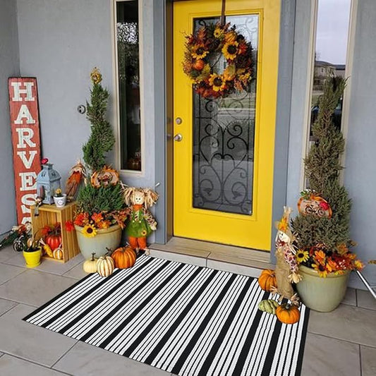 Black and White Striped Outdoor Rug 27.5"x43" Cotton Hand-Woven Reversible Foldable Washable Area Rug for Layered Door Mats Porch/Front Door, Entryway, Laundry Room, Farmhouse, Kitchen (27.5'' x 43'')