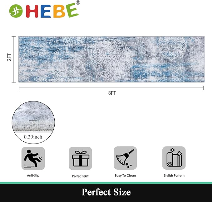 HEBE Hallway Runner Rug 2'x8' Washable Vintage Distressed Area Rugs Non Slip Laundry Rug Runner Boho Floor Carpet Runners for Hallways Entryway Laundry Room Kitchen Bathroom