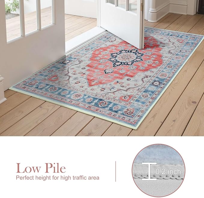 Vintage 3x5 Rug, Entryway Rug with Non Slip Backing, Soft Washable Area Rug for Indoor Entry, Low Pile Stain Resistant Non-Shedding Carpet for Bedroom, Living Room, Entryway, Red Blue