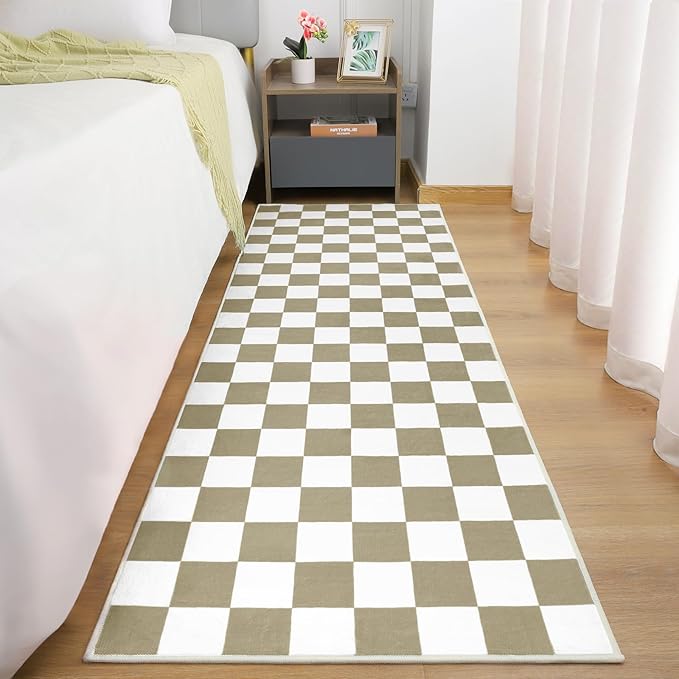 Terrug Beige and White Checkered Runner Rug for Bedroom, 2x6 Soft Washable Rug with Non Slip, Low Pile Stain Resistance Carpet for Entryway Hallway Kitchen Laundry Living Room