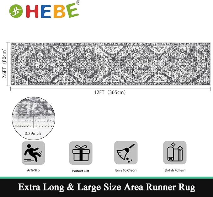 HEBE Hallway Runner Rug 2'8''x12' Washable Vintage Distressed Area Rugs Non Slip Laundry Rug Runner Boho Floor Carpet Runners for Hallways Entryway Laundry Room Kitchen Bathroom
