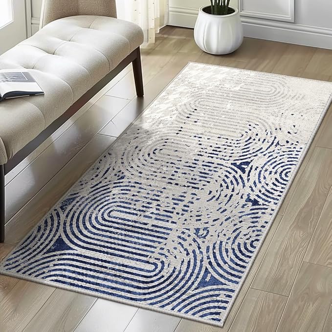 Bavni Area Rug, 6X9 Aesthetic Abstract Rugs for Bedroom, Non Slip Living Room Rugs, Durable Stain Resistant Washable Rug, Non Shedding Rug (Blue White)