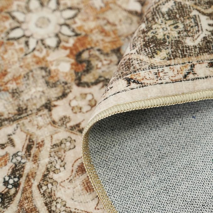 Washable Area Rug Vintage - Living Room Farmhouse Oriental Rug 5x8 Distressed Non-Slip Stain Resistant Carpet for Bedroom Dining Room Home Office (5x8 Beige/Brown)