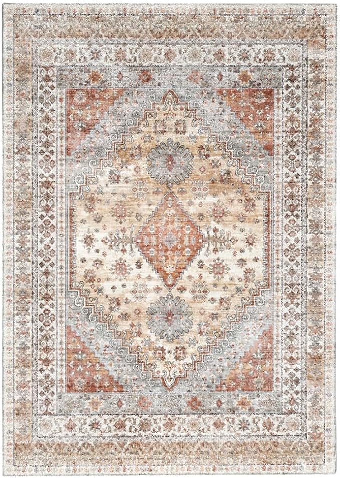 Rug for Living Room-Washable Area Rugs 5'x7' for Bedroom, Ultra-Soft Non-Shedding Faux Wool Vintage Design Boho Low Pile Mat Throw Carpet,Stain Resistant Rugs with Non-Slip Backing（Light Color）