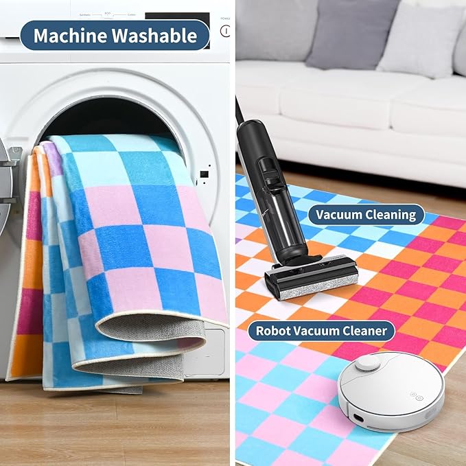 Terrug Multicolored Small Checkered Rug for Bedroom, 2x3 Soft Washable Rug with Non Slip Backing, Low Pile Throw Carpet for Entryway Hallway Kitchen Laundry Room